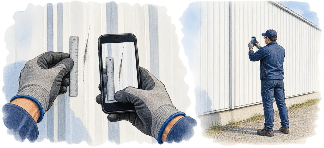 Getekende instructie: close-up van een kras met schaal en een foto van het hele paneel op afstand
