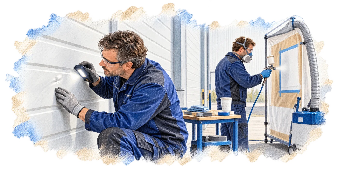Getekende visualisatie van de inspectie van een paneel en plaatselijk werk aan de coating.